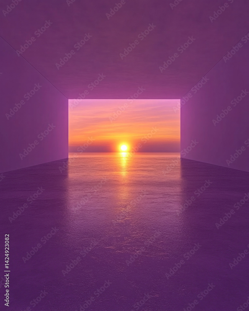 Poster a purple room with a view of the ocean and a sunset. the room is empty and the only thing visible is