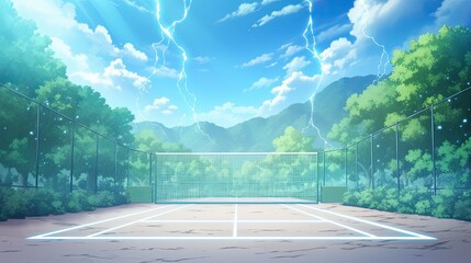Obraz premium Long, detailed outdoor tennis court scene du lightning storm with dramatic sky, lush green trees, surrounding fencing, mountain background, and vibrant weather