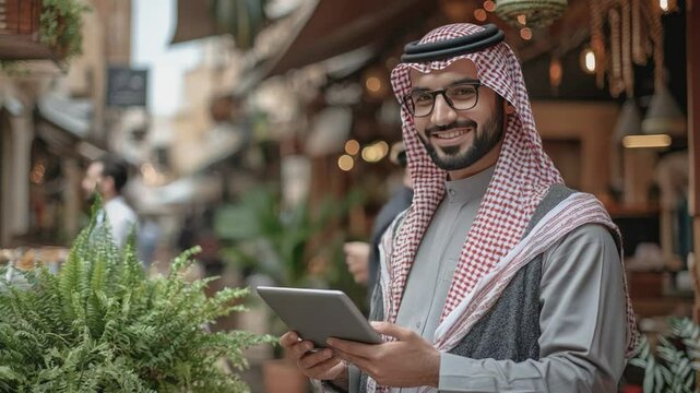 Modernity in Heritage: A traditionally dressed individual, radiating confidence and a warm smile, engages with modern technology in a vibrant, bustling urban setting.