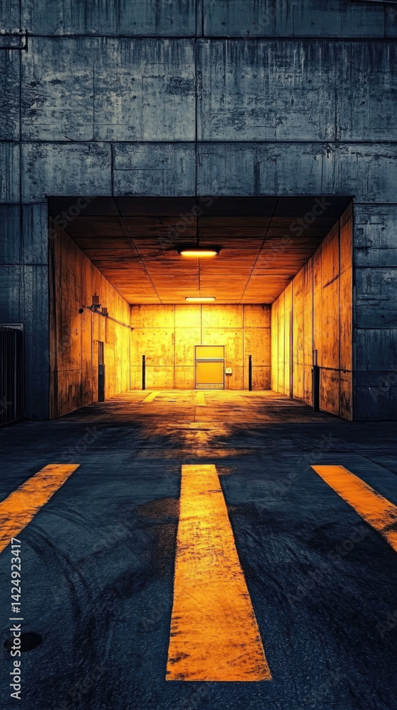 Poster a large, empty room with yellow lines on the floor and walls. the yellow lines are on the floor and 
