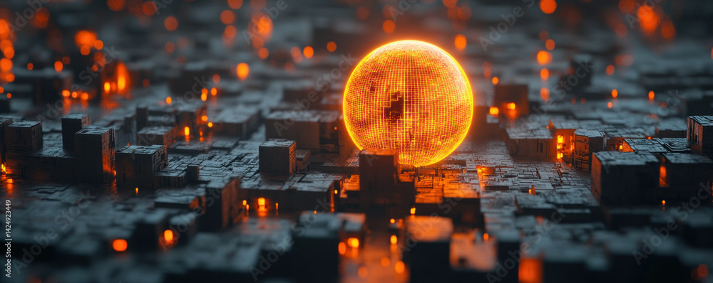 Poster a glowing orb is surrounded by a cityscape of buildings. concept of futuristic technology and a feel