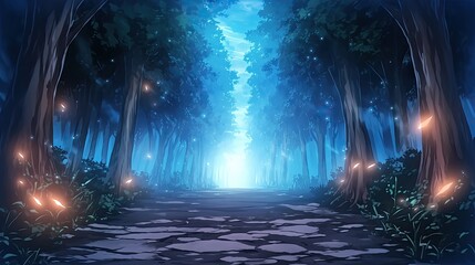 Enchanted mystical forest pathway illuminated by glowing lanterns du night with tall trees and mysterious atmospheric ambiance