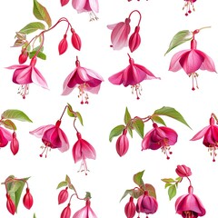 Fuchsia Flower Pattern Seamless Design with Pink Blooms and Green Leaves
