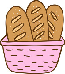 Illustration of Baguettes in a Pink Basket, Pastel Farmer Market
