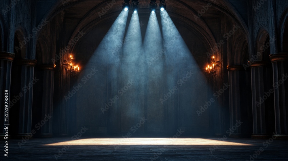 Poster dramatic stage lighting showcase abandoned castle visual art atmospheric setting wide angle view eni