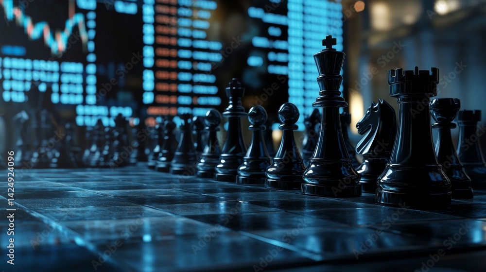 Poster strategic chess game in a high-tech environment business analysis urban setting digital display comp