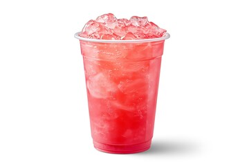 Summer fresh cold drink beverages. Ice strawberry raspberry in the plastic cup with straw on white background