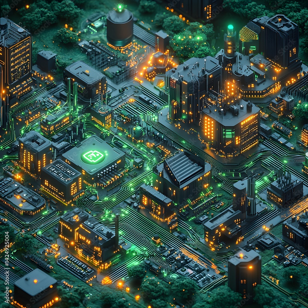 Poster a breathtaking 3d rendering of a futuristic city integrated with circuit board technology. glowing l
