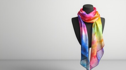 Colorful silk scarf draped on mannequin against a plain background.