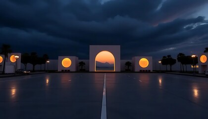 Surreal symmetrical architecture against a backdrop of a dramatic twilight sky