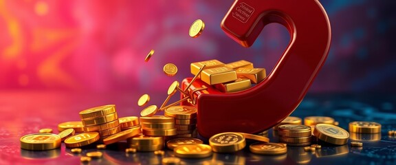 A powerful magnet attracting gold coins and bars on a vibrant background, gold, investment