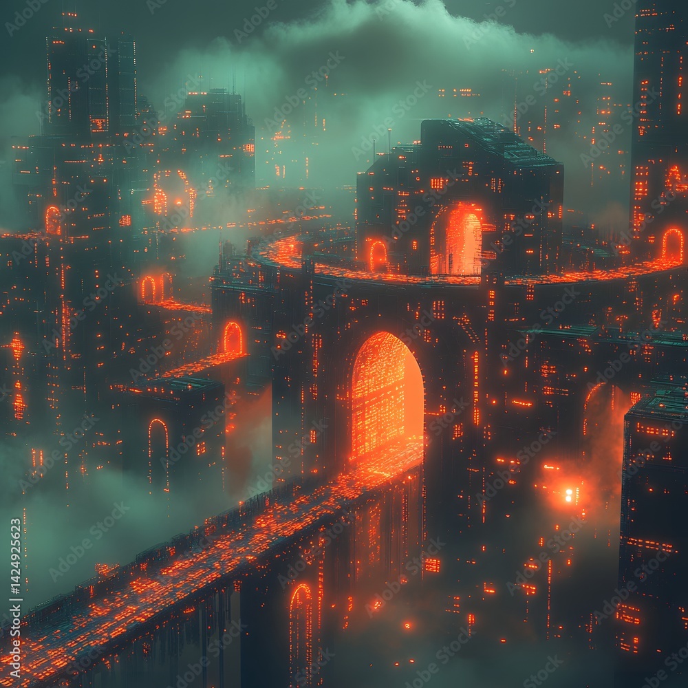Poster a digital painting of a futuristic city nestled amongst clouds, glowing with neon lights. cyberpunk 