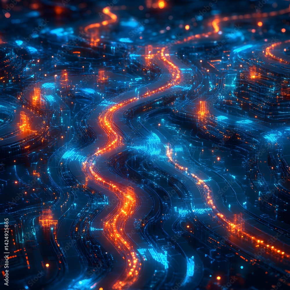 Poster an abstract digital cityscape with glowing neon pathways. a futuristic network of data streams. futu