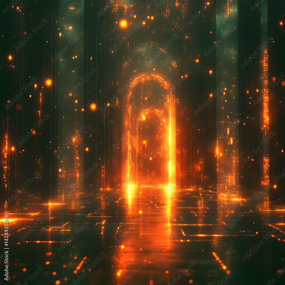 Aufkleber a digital artwork depicting a glowing portal in a mysterious hallway. intriguing and futuristic. fut