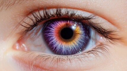 Fototapeta premium Close-up of a mesmerizing eye with vibrant purple and orange iris, showcasing intricate details and a captivating gaze.