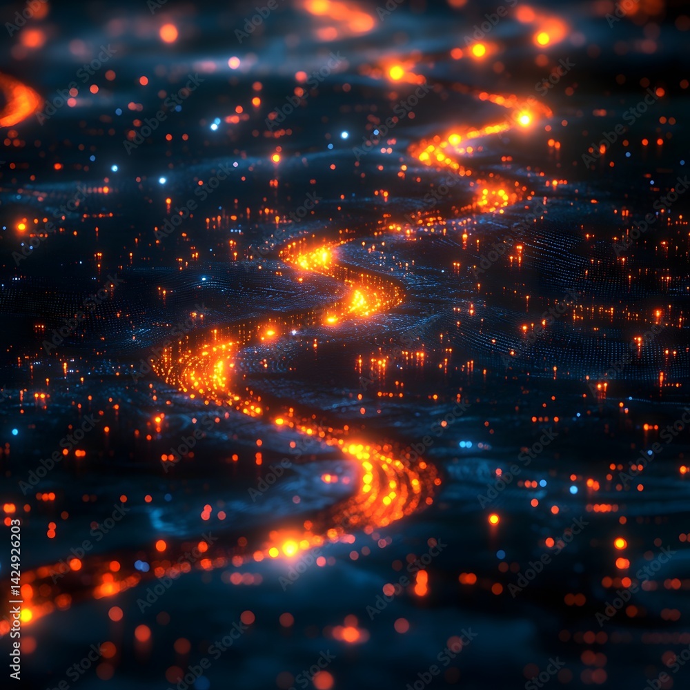 Poster abstract digital art depicting a glowing river of light winding through a dark, particle-filled land
