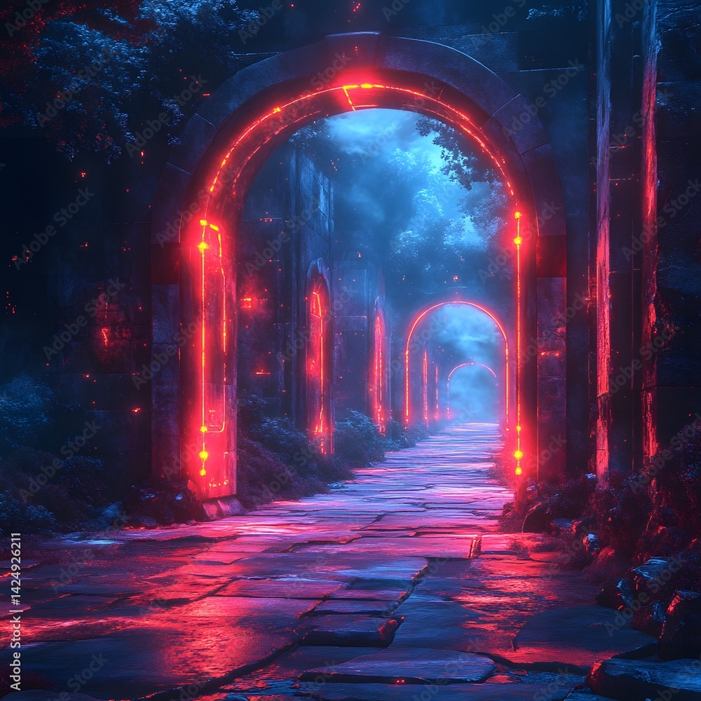 Poster A digital art depicting a mysterious path with glowing neon arches in a dark forest at night. Futuristic Technology Backgrounds Pathways of Secure Gate Data Streams