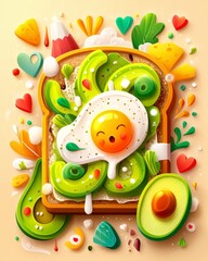 Obraz premium Colorful illustration of avocado toast with a cheerful egg on top. isolated illustration on solid pastel plain