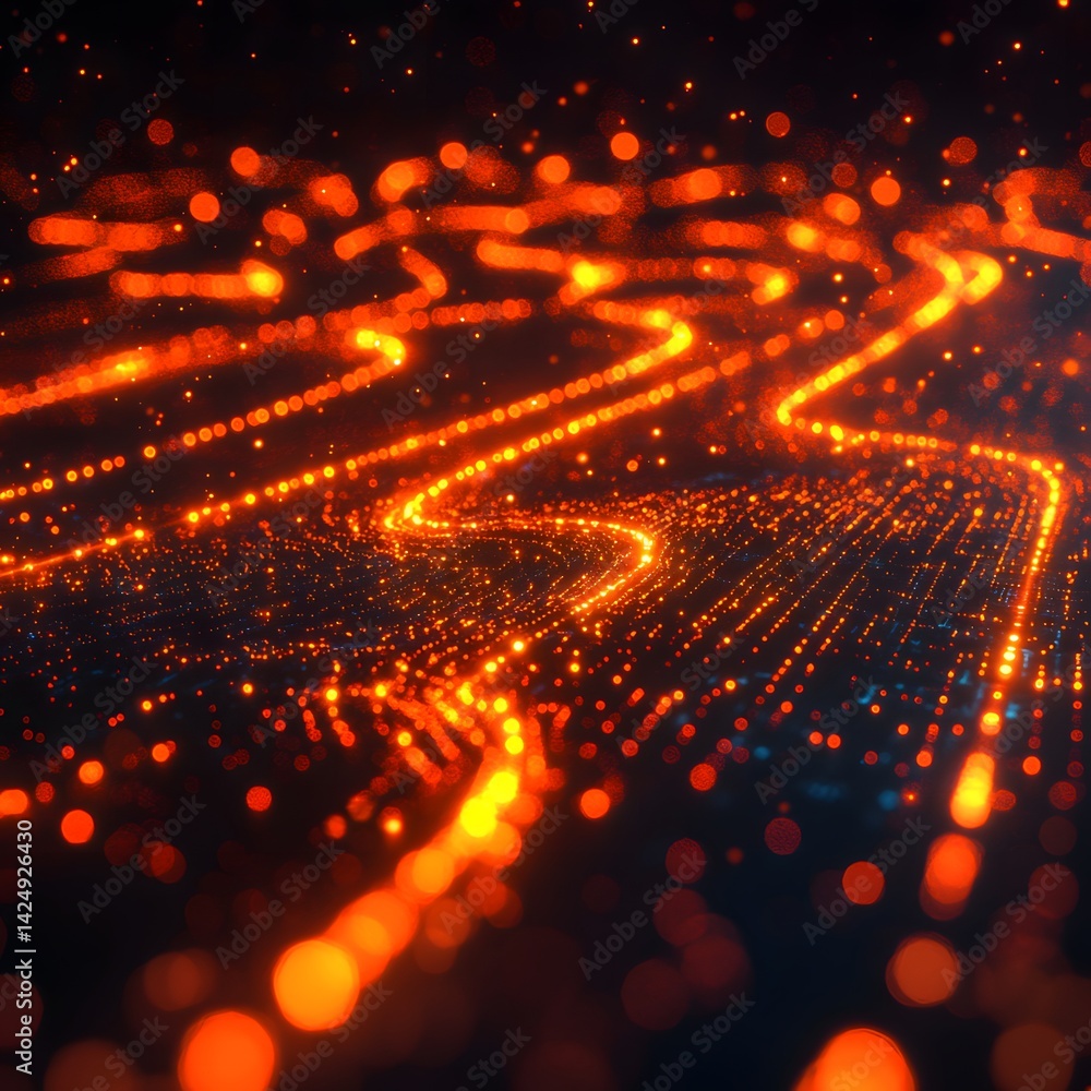 Poster abstract fiery orange digital stream. glowing particles background. intricate design futuristic tech