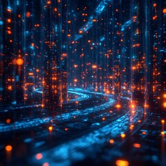 Obraz premium Abstract digital art depicting a flowing data stream resembling a forest. Vibrant blue and orange hues illuminate the scene. Futuristic Technology Backgrounds Abstract Digital Network Landscape