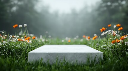 Ethereal Stone Platform Amidst a Field of Orange and White Flowers