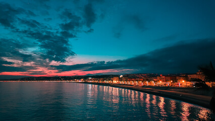 French Riviera. Sunset on the Promenade des Anglais in Nice, Provence-Alpes-Cote d'Azur, France