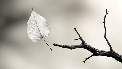 dried leaf and branch isolated on blurred background minimalist concept