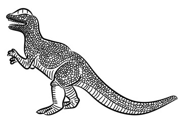 Illustration of an upright, open-jawed, stippled-textured Dilophosaurus on white background