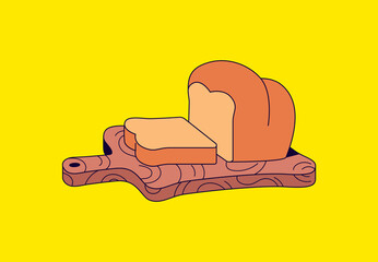 Vector cartoon illustration a loaf of bread with a few slices cut and placed on a textured wooden cutting board for food, breakfast, or bakery design