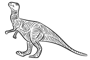 Black and white drawing of a moving Hypsilophodon with stylized body striping