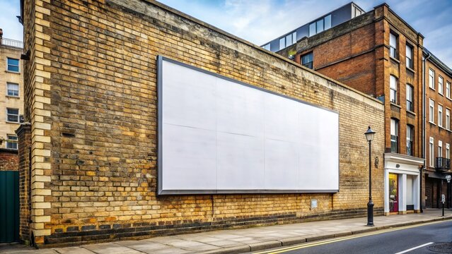 Ultra Realistic Wide-Angle Photo: Large White Billboard on London Brick Wall