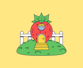Strawberry House in Garden Cartoon Illustration Vector