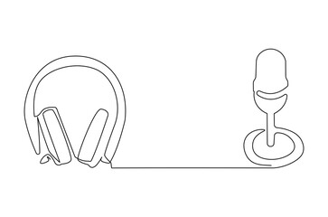 Continuous one line drawing of headphone speaker and microphone. Single line drawing illustration of Microphone and headphone template. Podcast concept vector art. Doodle line illustration.