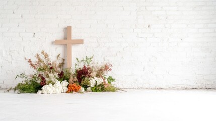 Wooden cross surrounded by vibrant flowers against white brick wall, serene and solemn composition, and minimalist religious setting.