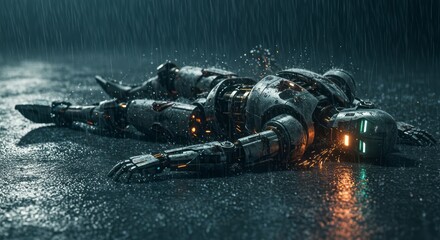Wounded futuristic robot lying in the rain showing internal mechanism and sparking, conveying a sense of dystopian technology and artificial intelligence failure