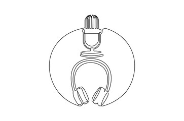 Continuous one line drawing of headphone speaker and microphone. Single line drawing illustration of Microphone and headphone template. Podcast concept vector art. Doodle line illustration.