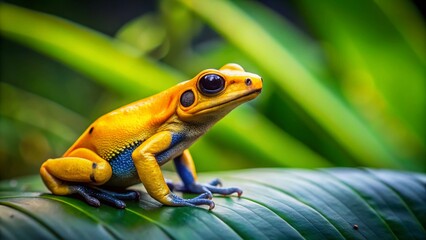 Obraz premium Vibrant Golden Poison Dart Frog on Lush Green Leaf - Stock Photo