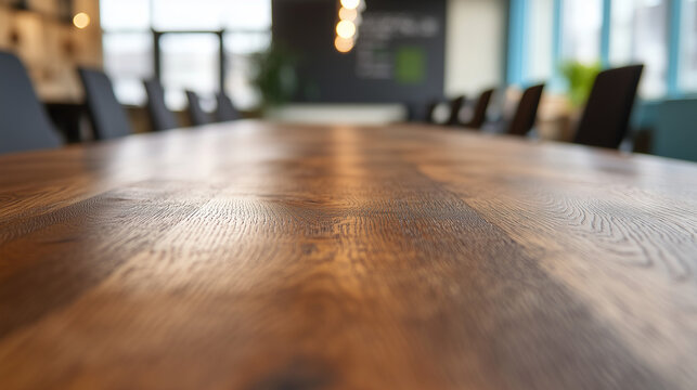 Modern minimalist office meeting table with warm wooden tones, conveying professionalism and simplicity in workspace design.