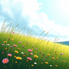 Lush Meadow with Wildflowers Under a Bright Sky: Summer Landscape Beauty