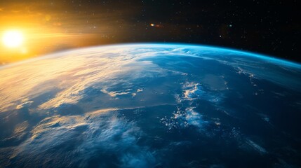 Fototapeta premium Earth at sunrise outer space view planetary landscape cosmic environment astronomical perspective wonder of nature