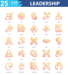 Leadership icon sheet vector growth, goal, idea, balance, diagram, chat, calculator, leader, decision, business report, leader, problem solving, networking, rating, idea, strategy, rocket, performance