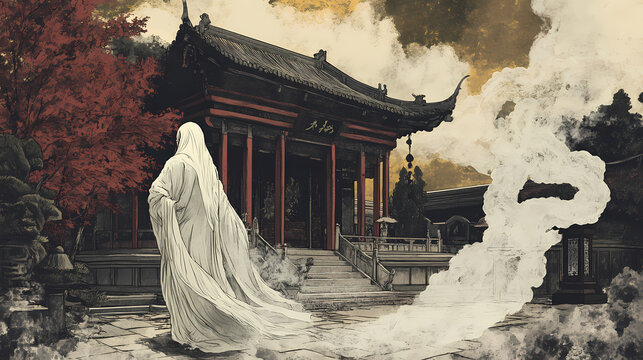 A chinese ghost figure dressed in ancient robes, hovering near a shrine, representing spiritual traditions. Phantasmal Shrine. Illustration