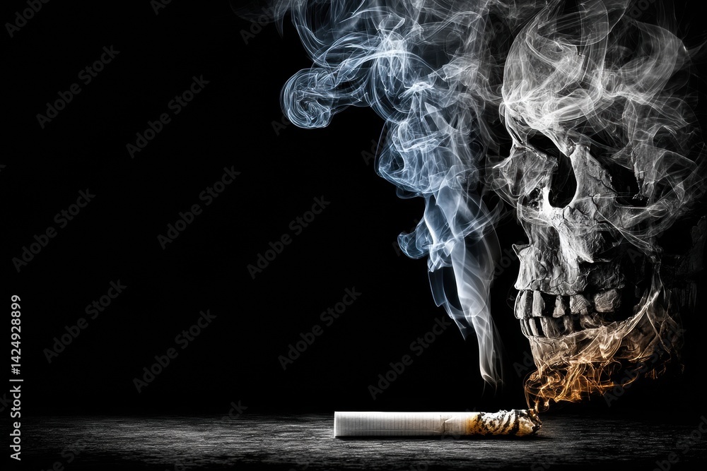 Poster broken cigarette forming a skull shape with rising smoke on a dark background