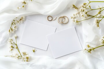 Blank wedding stationery mockup with rings and flowers.