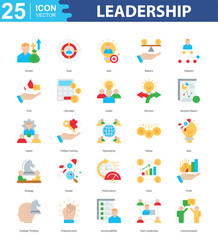 Leadership icon sheet vector growth, goal, idea, balance, diagram, chat, calculator, leader, decision, business report, leader, problem solving, networking, rating, idea, strategy, rocket, performance