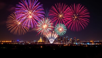 Vibrant fireworks illuminate the night sky over a city skyline, creating a festive atmosphere and a celebration of joy and beauty.