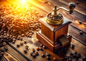 Vintage Coffee Grinder with Coffee Beans, Aerial Drone Shot, Rustic Kitchen Setting