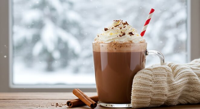 A rich cup of hot chocolate with whipped cream and chocolate shavings, cinnamon stick, red-and-white striped straw, knitted sweater sleeve holding it, snowy window backdrop.