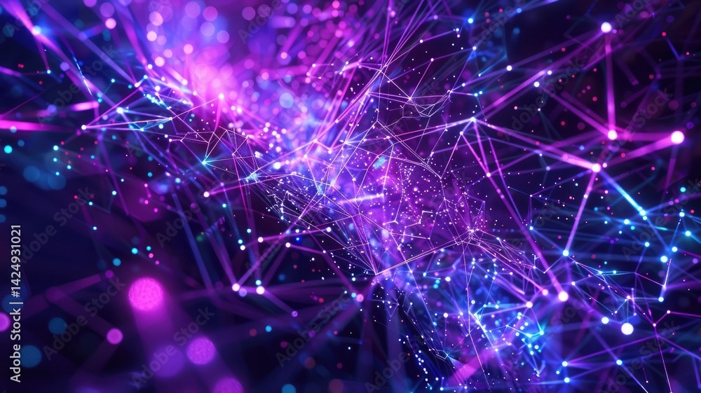 Poster colorful abstract background featuring interconnected lines and nodes, representing blockchain, cryp