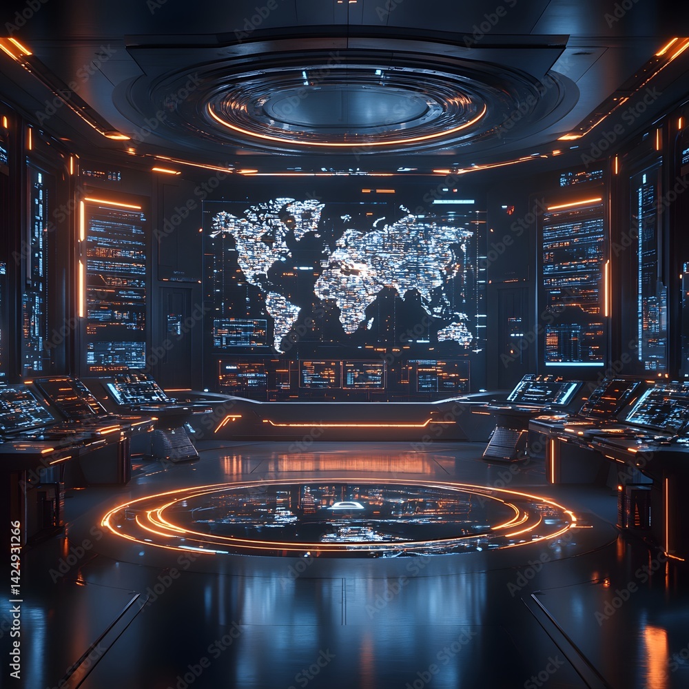 Poster a futuristic control room with a large screen displaying a digital world map. high-tech consoles and